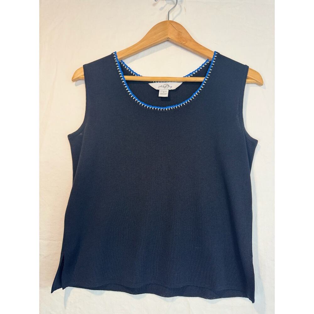 Ming Wang Tank Top Women’s Small Black Blue Trim Shell Knit Career Scoop Neck
